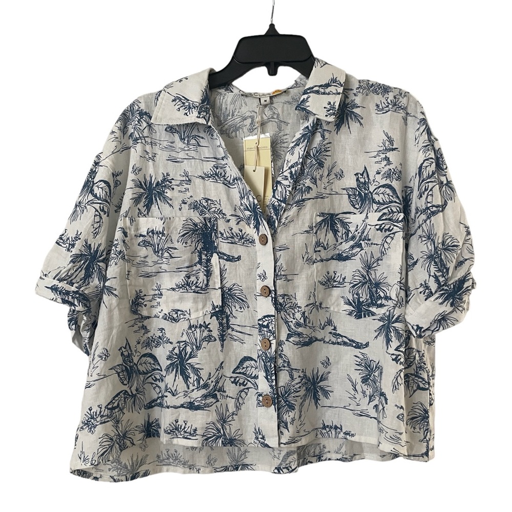 C&C California Blue & Cream Floral Print Linen Crop Button-Up
